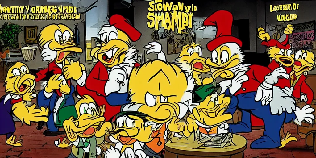 Prompt: episode of its always sunny in Philadelphia where the gang meet Scrooge McDuck