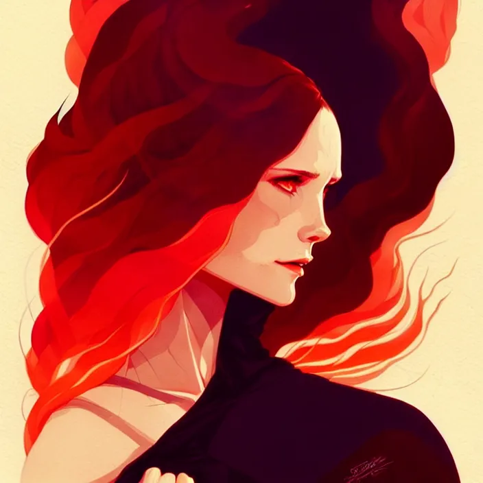 Image similar to style artgerm, joshua middleton, conrad roset, beautiful kristen bell with dark red dress, very long orange hair, symmetrical face, symmetrical eyes, fire powers fire swirling, detailed, volcano setting, cinematic lighting