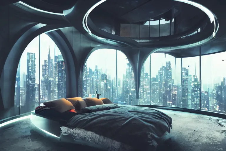 Image similar to a futuristic bedroom with large curved ceiling high windows looking out to a far future cyberpunk cityscape, cyberpunk neon lights, raining, scifi