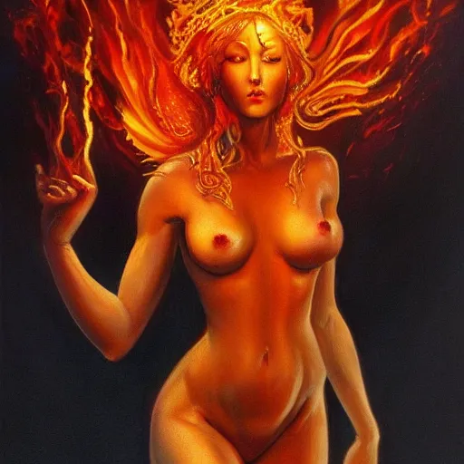 Prompt: A beautiful painting of a goddess with a body made of flames by Jim Burns, 8K, ultra-detailed , Trending on artstation.