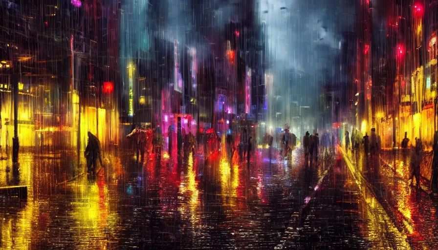 Image similar to rotterdam at rainy night, neons, lights, wet ground, people with umbrellas, hyperdetailed, artstation, cgsociety, 8 k