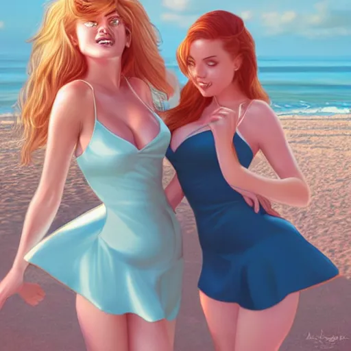 Prompt: two beautiful princesses in skintight satin minidresses on the beach drawn by artgerm and charlie bowater