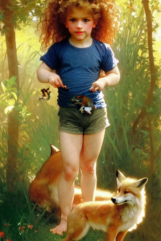 Image similar to a seven - year old with long curly dirty blonde hair, blue eyes, tan skin a tee shirt and shorts, playing with foxes, painting by daniel gerhartz, alphonse mucha, bouguereau, detailed art, artstation