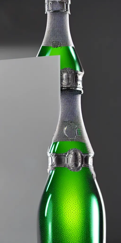 Prompt: A humongous bottle of prosecco with futuristic neon glass, hyper realistic extreme shine details, translucent glass shine, extreme ornate intricate bottle and cork detail, condensation droplet render, Octane render, full frame