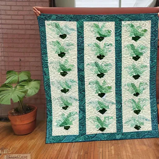 Prompt: a decorative quilt with monstera adsonii pattern, warm lighting,