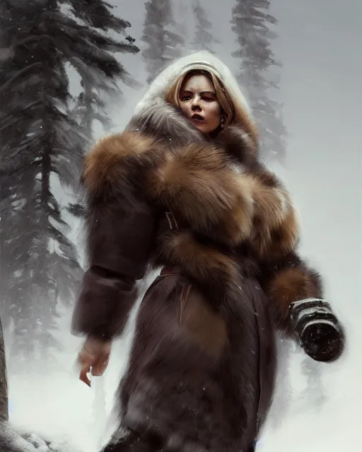 Image similar to a female nordic berserker with bear fur coat | | realistic shaded, unpleasant face, bad looking, fine details, realistic shaded lighting poster by greg rutkowski, magali villeneuve, artgerm, jeremy lipkin and michael garmash and rob rey