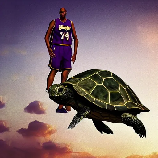 Prompt: kobe bryant kissing a giant turtle in heaven, hyper realistic, cinematic, side view, digital art, amazing detail, artstatiom, cgsociety, epic art