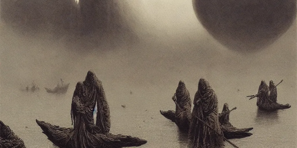 Image similar to ferrying deceased souls across the river and into the underworld by beksinski, wayne barlowe