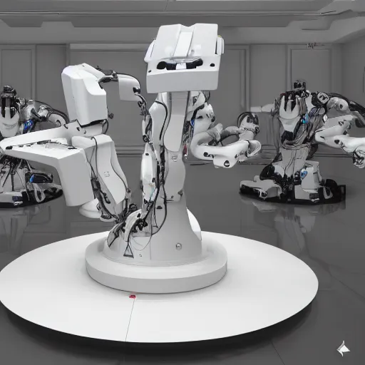 Image similar to three large white glossy cybernetic symbiosis thick bifurcated robotic cnc surgical hybrid mri 3 d printer machine robots on the floor around a dinner table, the robot arms are wearing wires, the table is full of food, they are having dinner inside a posh fine dining restaurant with retro modern furniture and decor, global illumination, artstation, fantasy, volumetric light