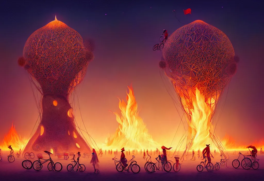 Prompt: A beautiful illustration of burning man festival, trending on artstation, WLOP, cgsociety by Gediminas Pranckevicius, trending on cgsociety, Michaelangelo, bokeh, fractal Thunder glow by dan mumford