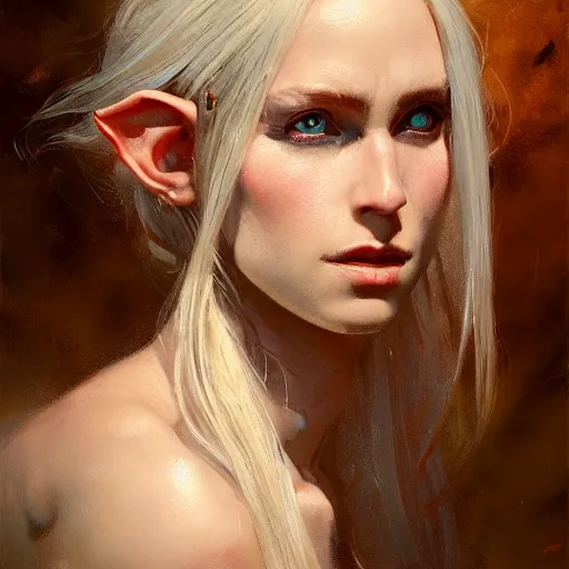 Prompt: A head-on detailed oil portrait of a distinguished elf woman with small copper horns, long blonde hairs and bright irises, by greg rutkowski, trending on artstation, dungeon and dragons art