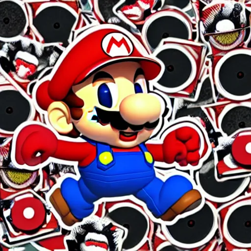 Image similar to svg sticker of a Pop-Wonder SuperMario, Mario-Wearing-a-red-hat, at a rave, spinning records, giant headphones rocking out, wearing headphones, huge speakers, dancing, rave, DJ, spinning records, digital art, amazing composition, rule-of-thirds, award-winning, trending on artstation, featured on deviantart