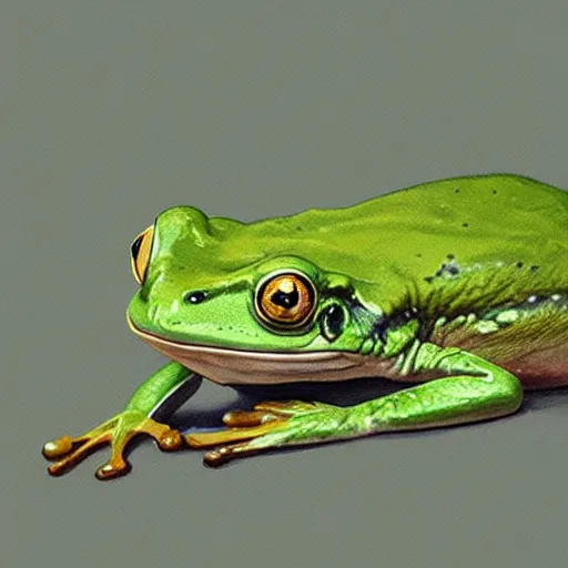 Image similar to hyper realistic derpy frog by greg rutkowski