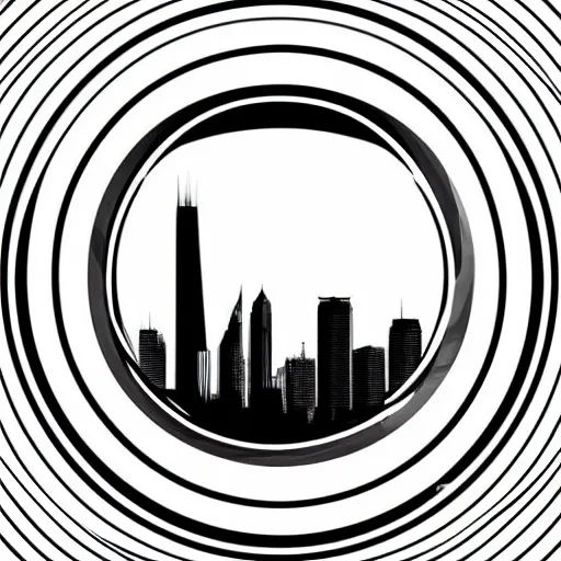 Image similar to a perfect circle, around the outer edge of the circle is the silhouette of a city skyline, inside the circle is empty, black and white, minimalist, in the style of a line drawing