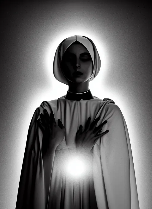 Prompt: surreal mythical dreamy dark artistic black and white fine art fashion portrait photo of a young beautiful delicate female robot - nun praying, spiritual, halo, glory, rim light, cinematic, studio dramatic light, poetic, masterpiece, octane render, 8 k, photo - realistic by gustave dore william black