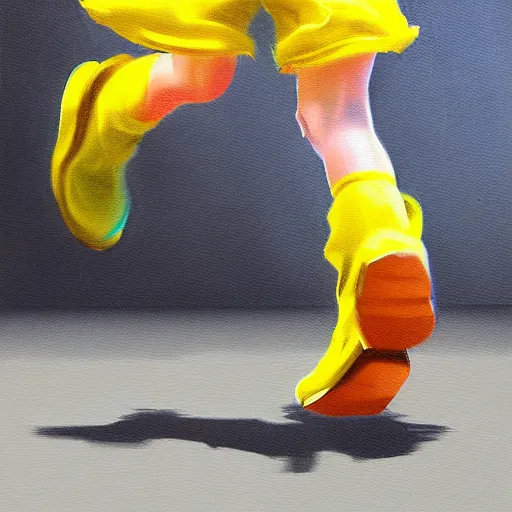 Prompt: kid with yellow boots running down the street, concept art, painting, highly detailed