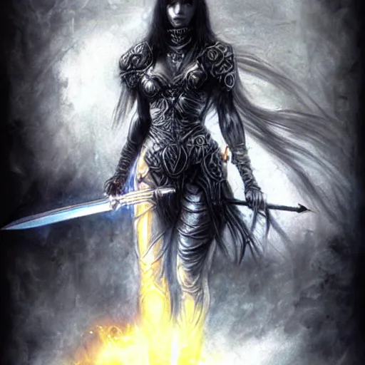 Image similar to female warrior, black hair, glowing sword, cinematic, by luis royo