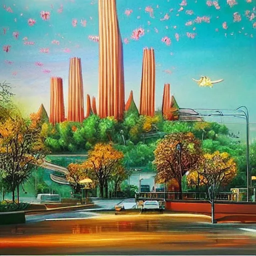 Image similar to Beautiful city of the future in harmony with nature. Nice colour scheme, soft warm colour. Beautiful painting by Lurid. (2022)