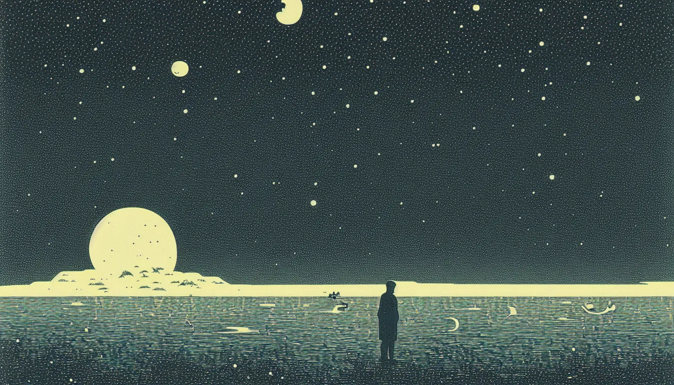 Image similar to standing in a lake looking at reflection of the night sky by woodblock print, nicolas delort, moebius, victo ngai, josan gonzalez, kilian eng