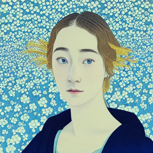 Prompt: “ saoirse ronan portrait by ikenaga yasunari and ayana otake and ko rakusui, 6 0 s poster, drawing, realistic, sharp focus, japanese, dreamy, nostalgia, faded, golden hues, floral clothes ”