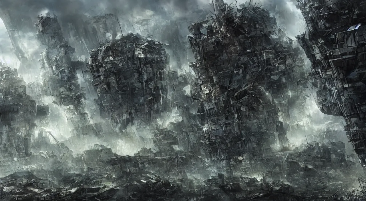 Prompt: damaged city, high - tech, concept art, forest, tornado, war,, high resolution, evil