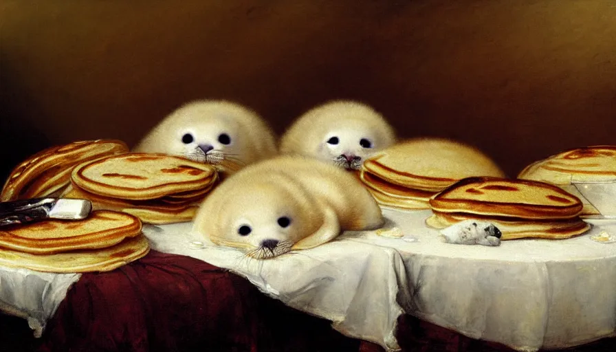 Image similar to highly detailed painting of cute furry white baby seals in a pile of jam pancakes on a table by william turner, by greg rutkowski, by william constable, thick brush strokes and visible paint layers, 4 k resolution