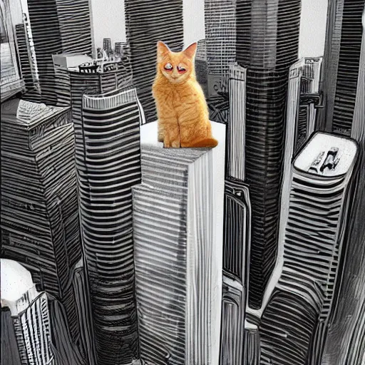 Image similar to A giant cat staring at humans from the top of a highrise building, digital art