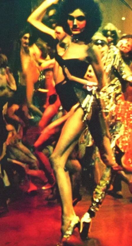 Image similar to antichrist dancing at Studio 54, disco, saturated color, high contrast, depth of field, 1976, bad vhs