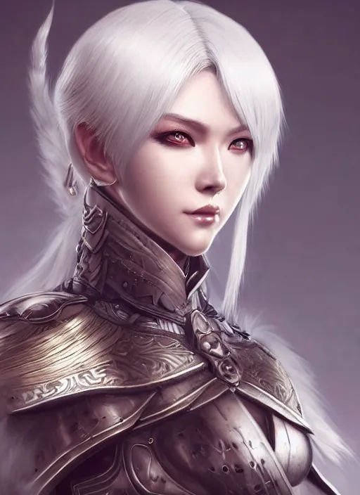 Image similar to warrior, fur - lined armor!!! beautiful and elegant white hair female!! gorgeous ayes!! character concept art, sharp focus, octane render! unreal engine 5! highly rendered!! trending on artstation!! detailed linework!! illustration by artgerm, wlop, and chie yoshii