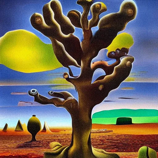 Prompt: a trippy painting of a tree in a desert cave in background painting by salvador dali
