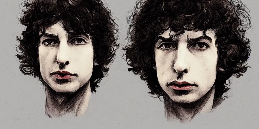 Image similar to finn wolfhard as 1 9 6 6 bob dylan, character sheet, concept art, contrast, kim jung gi, greg rutkowski, zabrocki, karlkka, jayison devadas, trending on artstation, 8 k, ultra wide angle, pincushion lens effect