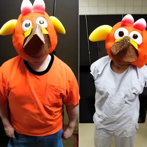 Image similar to inmate wearing chicken face and chicken head