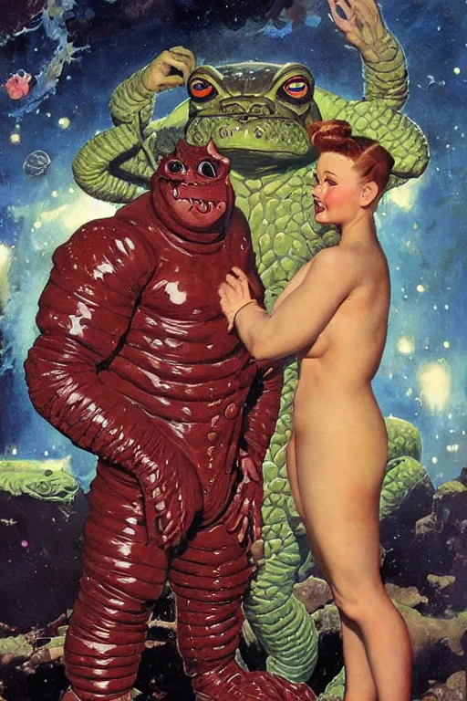 Prompt: full body portrait of brock lesnar as amphibian demon standing beside elegant space woman in latex spacesuit, by norman rockwell, jack kirby, jon berkey, earle bergey, craig mullins, ruan jia, jeremy mann, tom lovell, marvel, astounding stories, 5 0 s pulp illustration, scifi, fantasy, artstation creature concept