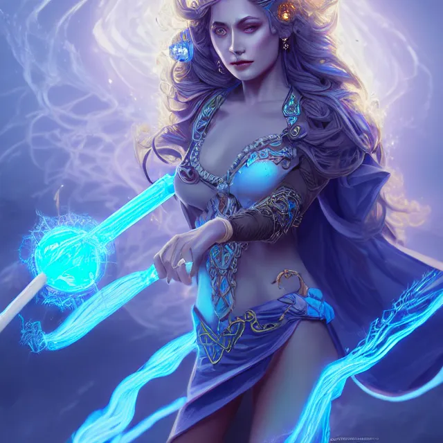 Image similar to beautiful elemental electric witch with ornate cyan robes and staff, highly detailed, 4 k, hdr, smooth, sharp focus, high resolution, award - winning photo, artgerm, photorealistic