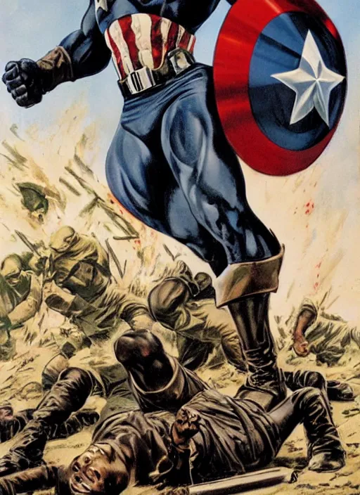 Prompt: black captain america standing on a pile of defeated german soldiers. black captain america wins wwii. american wwii propaganda poster by james gurney