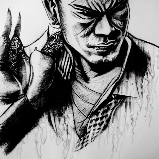 Image similar to intricate, realistic ink drawing of a yakuza in a splash of ink, 8 k