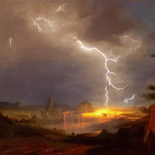 Prompt: a sky god casting lightning down upon a village