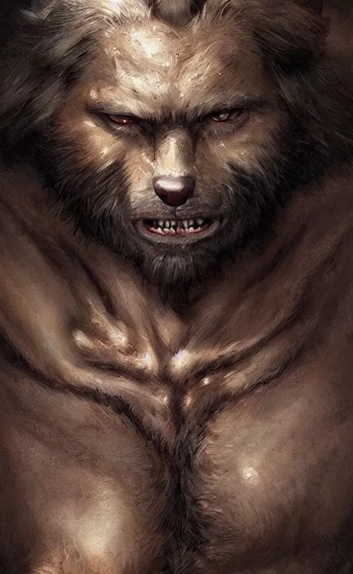 Image similar to hyperrealistic, Portrait of a rugged werewolf, male, muscular, detailed face, bare thighs!!!, simple clothing!!!!!, fantasy, medieval, highly detailed, cinematic lighting, digital art painting by greg rutkowski