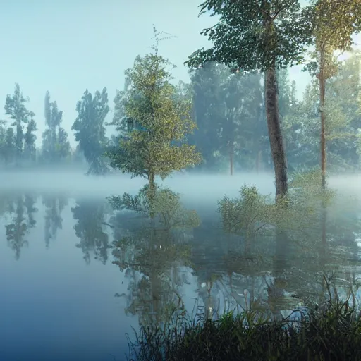 Image similar to still shot of a lake covered in morning fog, highly detailed, photorealistic portrait, bright studio setting, studio lighting, crisp quality and light reflections, unreal engine 5 quality render