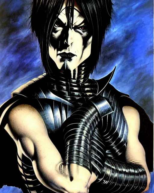 Image similar to portrait of a skinny goth punk keany reeves wearing armor by simon bisley, john blance, frank frazetta