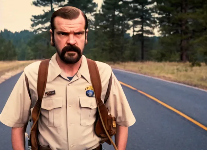 Image similar to film still of jim hopper as mike wheeler in stranger things, 8 k