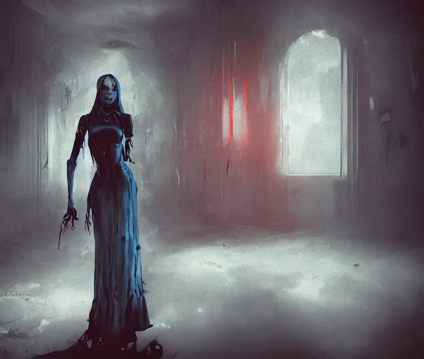 Image similar to imperial princess knight gothic girl standing on an abandoned hospital room with red ceiling lighting and several blue lights on the walls, gloomy and foggy atmosphere, octane render, artstation trending, horror scene, highly detailded