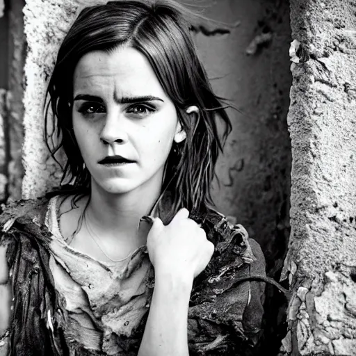 Prompt: concerned and tired emma watson in shredded and destroyed dirty clothes rags, in the ruins of civilization after the apocalypse, hd photo, high detail, shallow depth of field