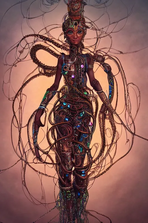 Prompt: an immaculate render of a dancing mystical tribal goddess adorned with robotic scrap and cables and synthesizer parts is surrounded by wild tentacles made from mandalas and incense smoke, full body, perfect face, powerful, cinematic, beautifully lit, by artgerm, by karol bak, 3 d, trending on artstation, octane render, 8 k