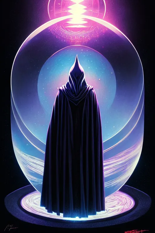 Image similar to wizard in a hooded cloak gazing into a crystal ball, high details, intricately detailed, by vincent di fate, artgerm julie bell beeple, inking, 3 color screen print, masterpiece, trending on artstation, cinematic composition, dramatic pose, volumetric lighting, sharp, details, hyper - detailed, hd, 4 k, 8 k