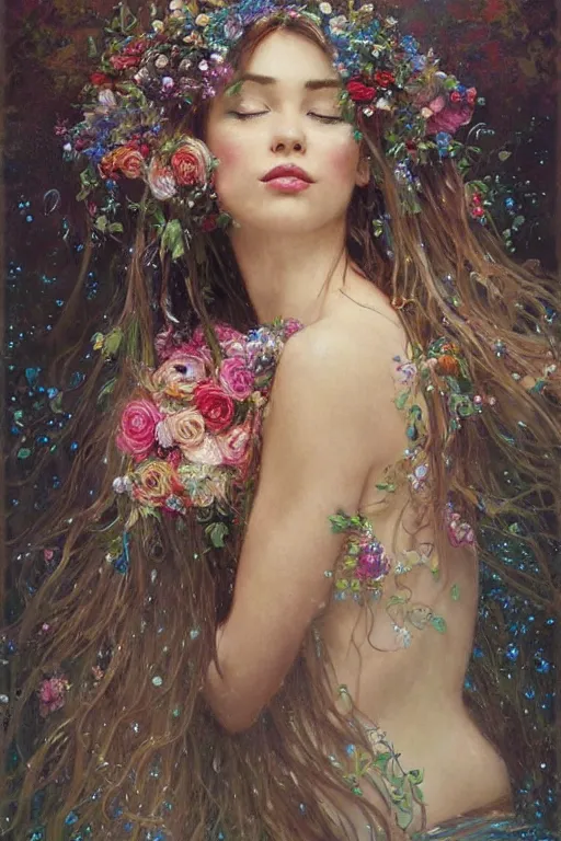 Image similar to portrait of a beautiful mysterious woman holding a bouquet of flowing flowers, wet dripping long hair, hands hidden under the bouquet, emerging from the water, fantasy, regal, intricate, by stanley artgerm lau, greg rutkowski, thomas kindkade, alphonse mucha, loish, norman rockwell