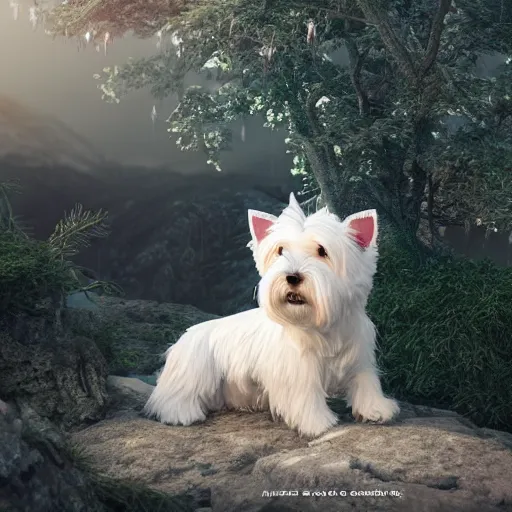 Prompt: west highland terrier, fairy tale, stunning, surrounding cinematic light, hyper detailed, ornate and intricate, 4 k cinematic octane render