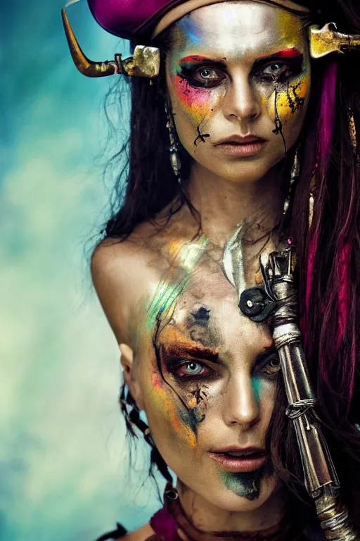 Image similar to a swashbuckling woman pirate portrait in national geographic, her clothing is sheer and futuristic, painted with iridescent face paint