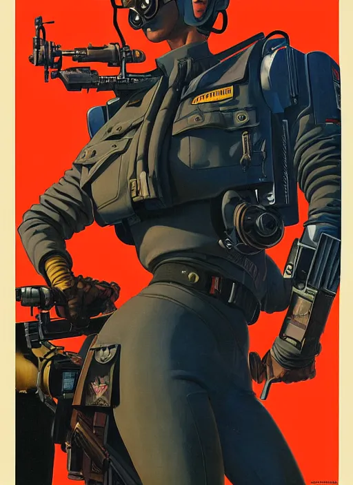 Prompt: american propaganda poster. cyberpunk pilot in military vest and tactical jumpsuit. portrait by jean giraud and anton otto fischer and john philip falter and will eisner and gil elvgren and pixar. realistic proportions. character art. science fiction d & d. overwatch, rb 6 s, cyberpunk 2 0 7 7, blade runner 2 0 4 9.