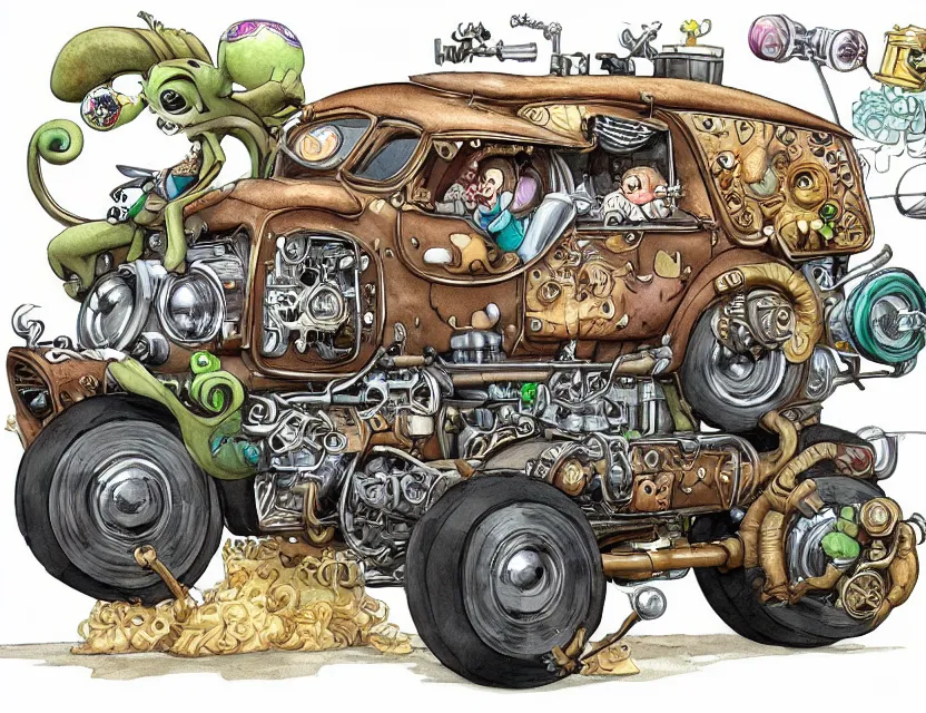 Image similar to cute and funny, a steampunk car with a cabin on top, ratfink style by ed roth, centered award winning watercolor pen illustration, isometric illustration by chihiro iwasaki, edited by range murata, tiny details by artgerm and watercolor girl, sharply focused